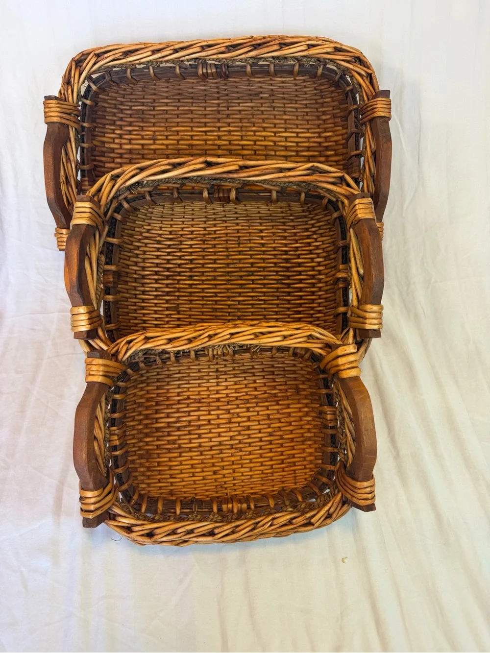 Vintage Wicker Rattan Nesting Baskets Set of 3 Wood Handles Braided Trim Cottage